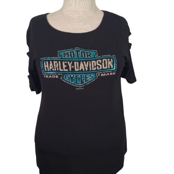HARLEY Davidson Black Logo T-Shirt Cancun Mexico Metallic Logo Lattice Sleeve - Picture 1 of 10